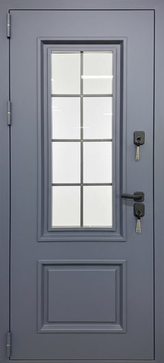 Остекленная уличная термодверь с металлобагетом и полимерной покраской серого цвета