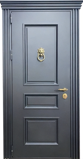 Входная термодверь с металлофиленкой, карнизом, кнокером и серым полимерным покрытием